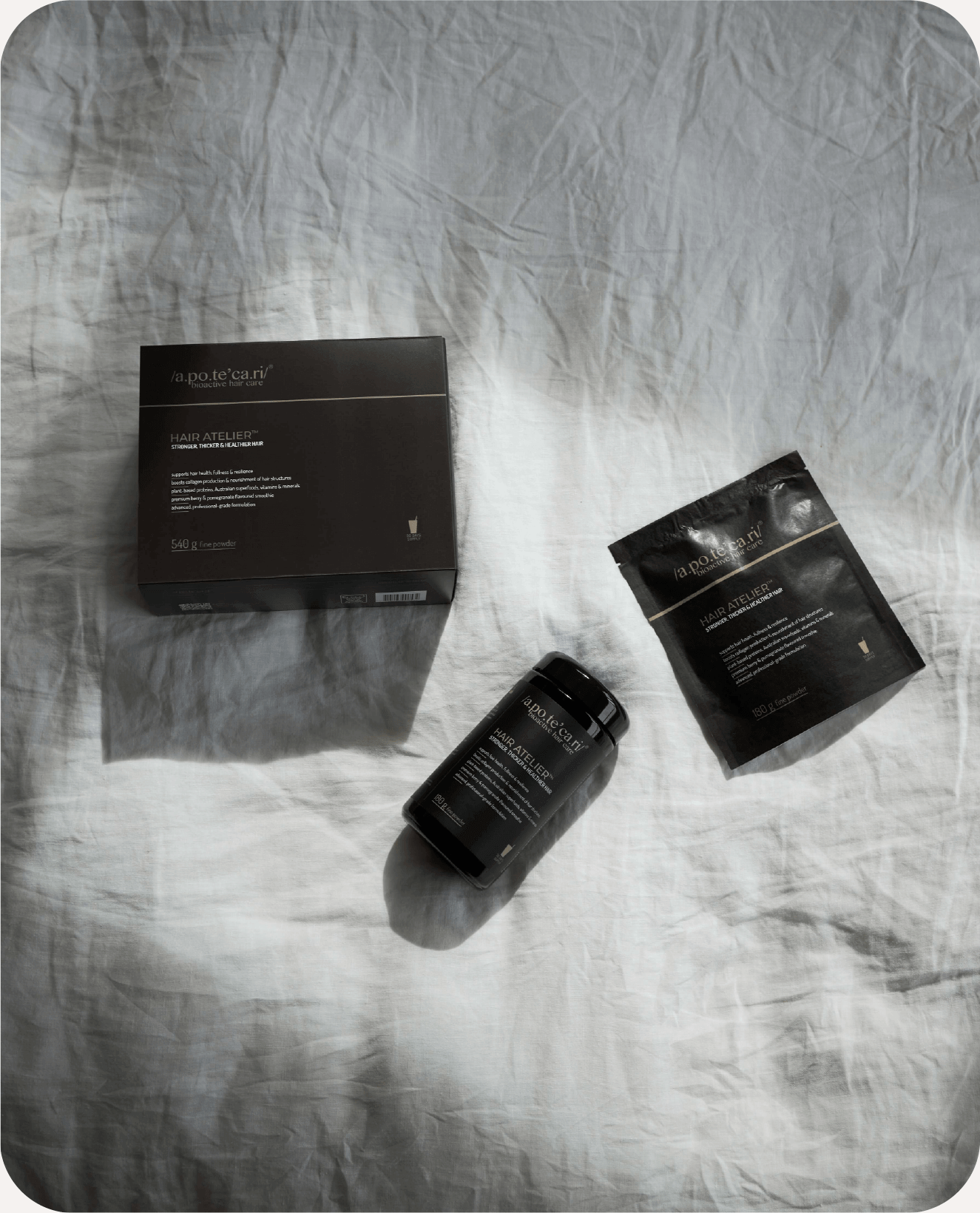 Hair Atelier, product, pomegranate, pink drink, healthy, vegan, strong hair, refill on bed, daily routine