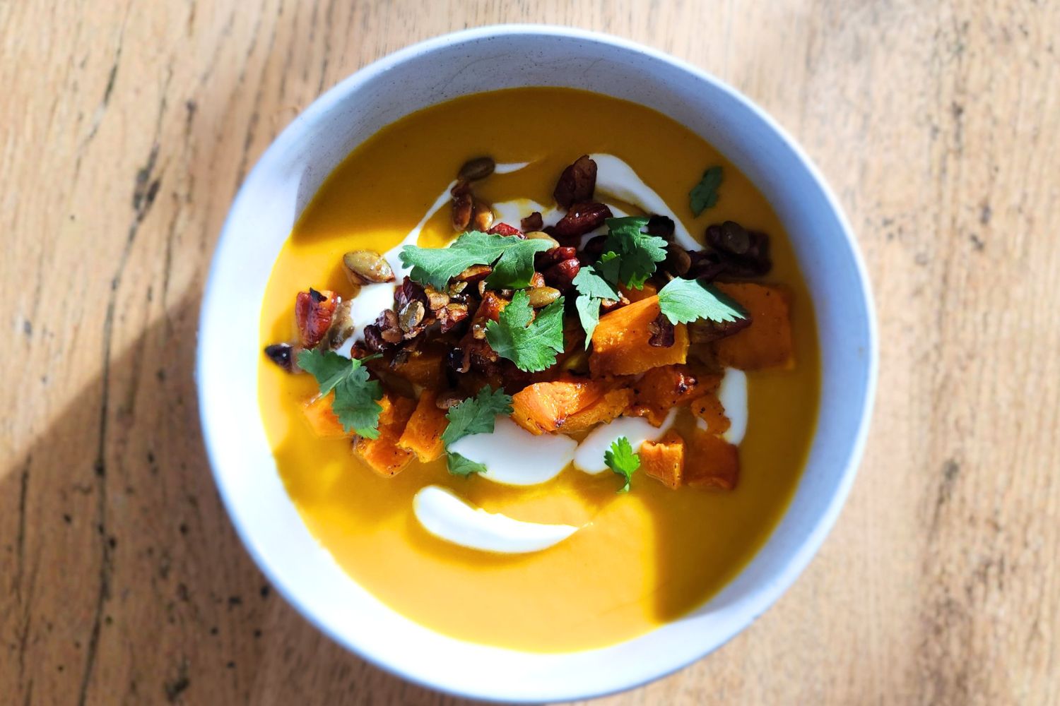 A Cosy Winter Pumpkin Soup with Pecan Crunch