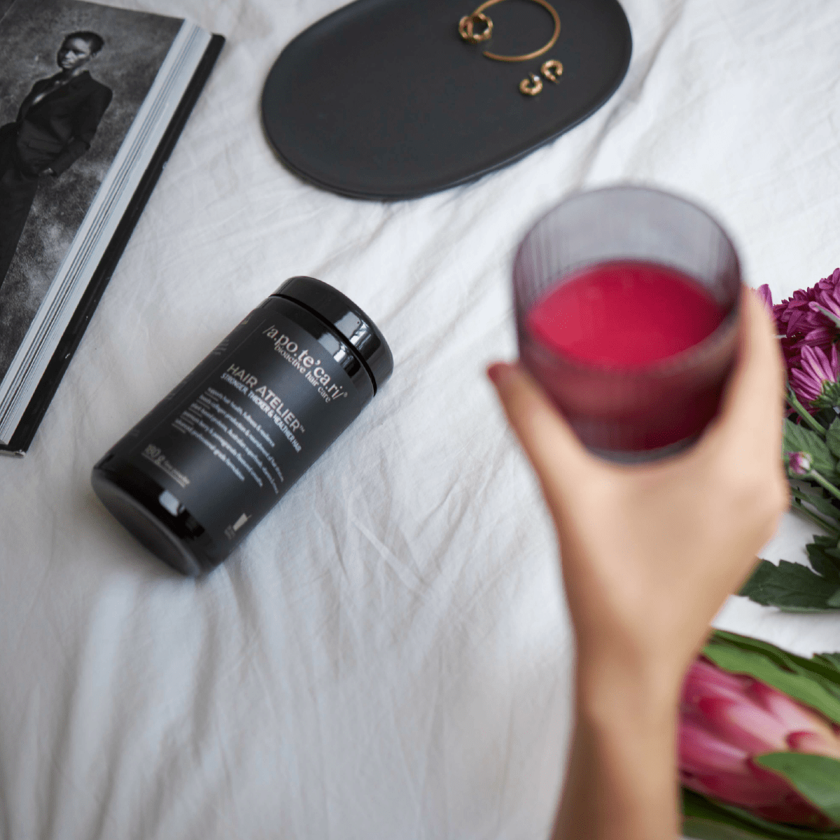 Apotecari, Hair Atelier, healthier hair, edible hair care, key ingredients, product, pomegranate, pink drink, healthy, vegan, strong hair, daily routine