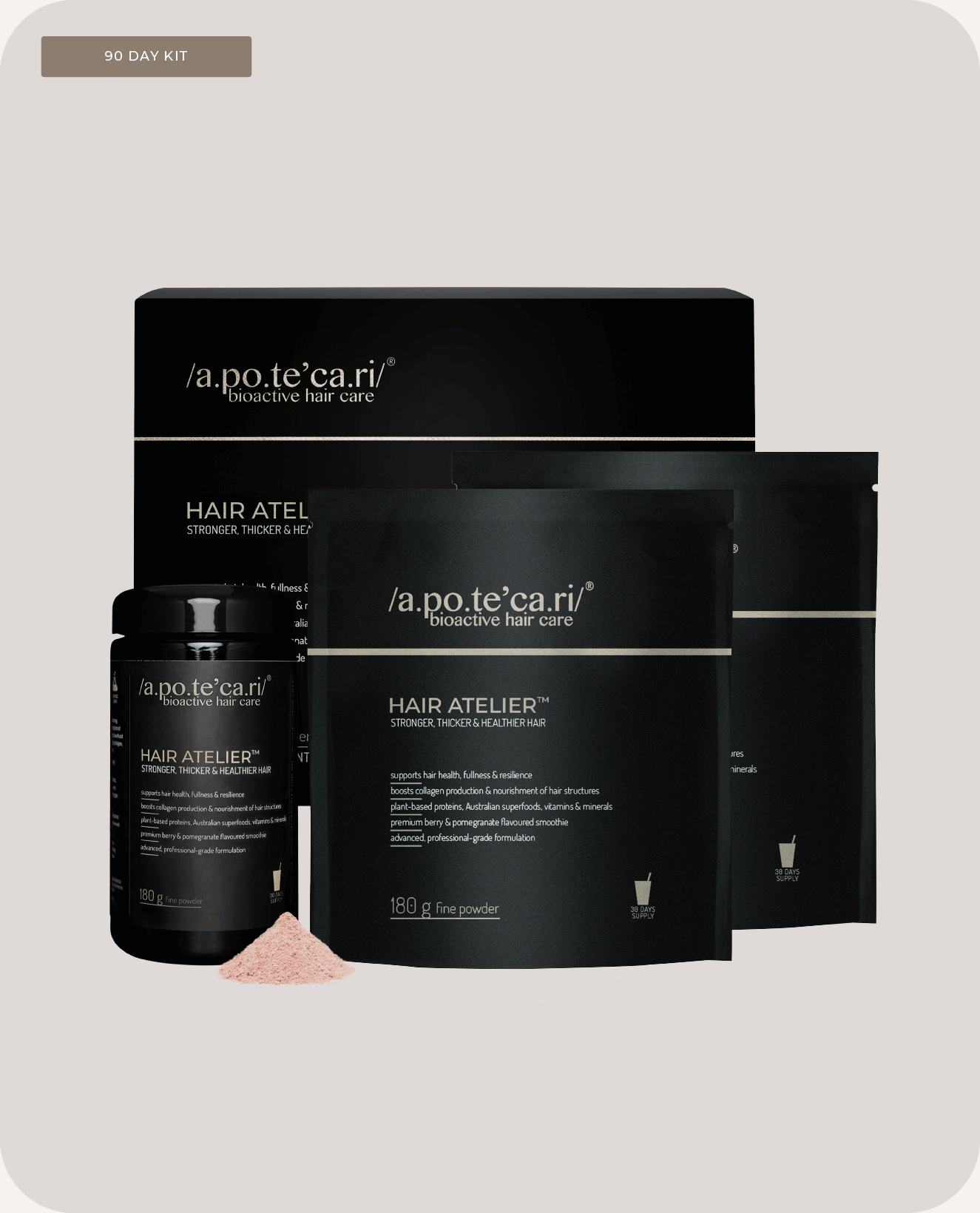 Apotecari, Hair Atelier, healthier hair, edible hair care, pomegranate, pink drink, healthy, vegan, strong hair, powder, drink, refill