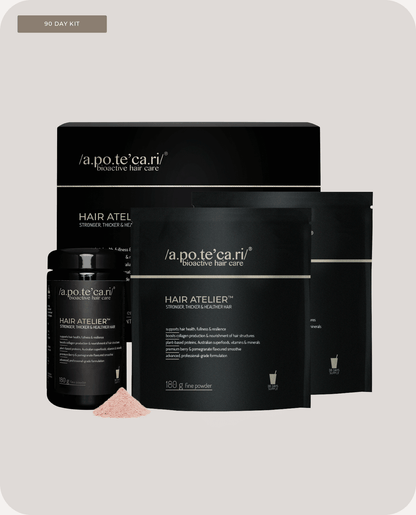 Apotecari, Hair Atelier, healthier hair, edible hair care, pomegranate, pink drink, healthy, vegan, strong hair, powder, drink, refill